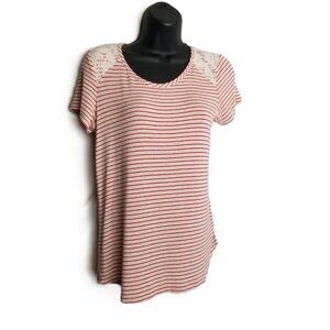 Loveappella Red White Striped Tee Small Lace Shoulder Detail Nautical Preppy